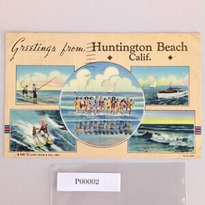 Vintage 1942 Postcard Huntington Beach California Linen Color Ocean Ladies